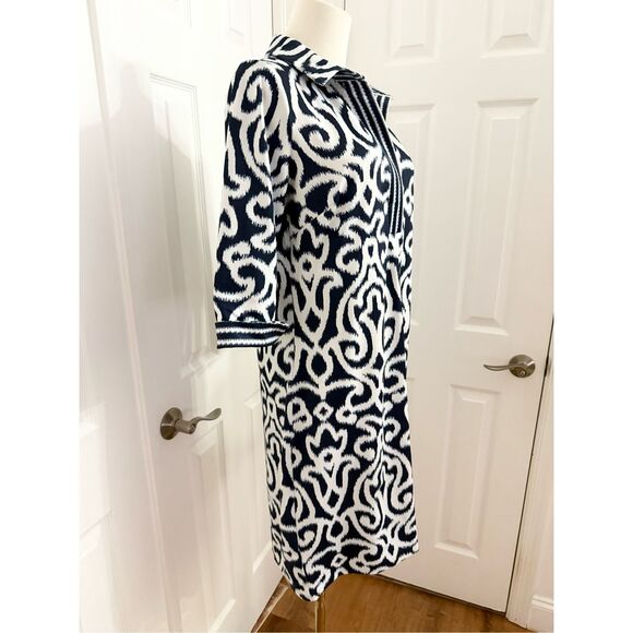 Gretchen Scott Everywhere Dress Navy Blue White Arabesque Sheath Dress S - Picture 2 of 5